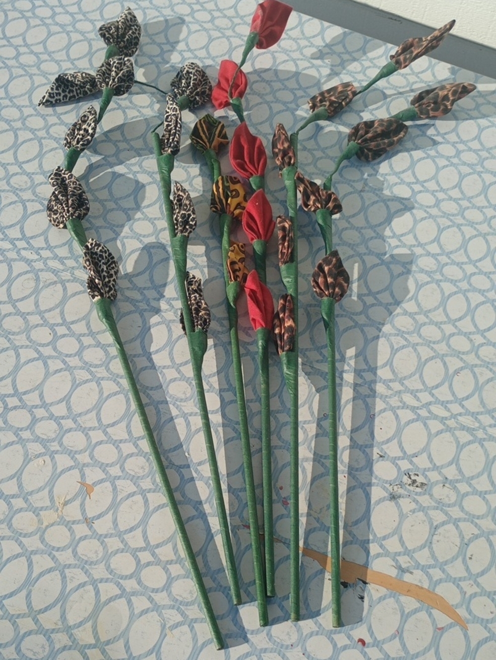 Hand Crafted Red and Green Faux Floral Stems with Leopard-Print Accents